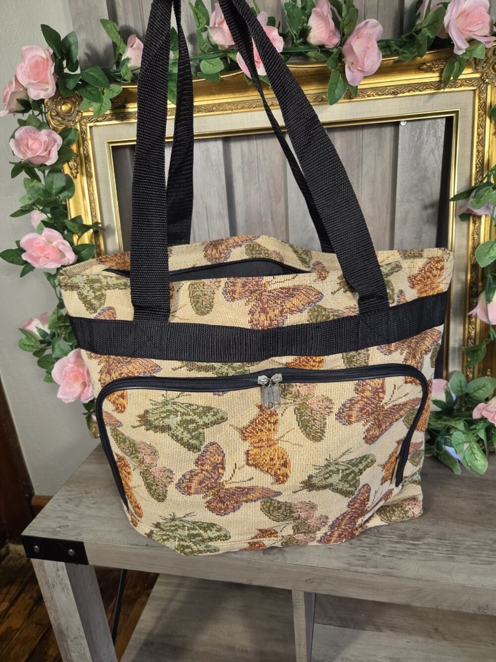 Vintage Bovano USA Butterfly Tapestry Tote Bag Zip Top Front Pocket Made in USA